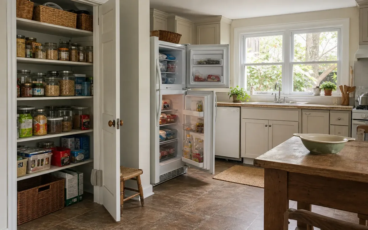 Open pantry shelves hold jars, cans, and baskets beside an open refrigerator and freezer in a cream-colored kitchen.