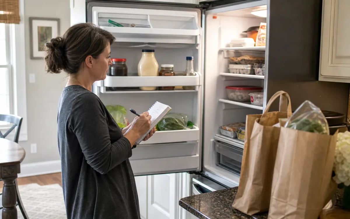 Woman checks a notepad beside an open refrigerator filled with food, with grocery bags on the counter.