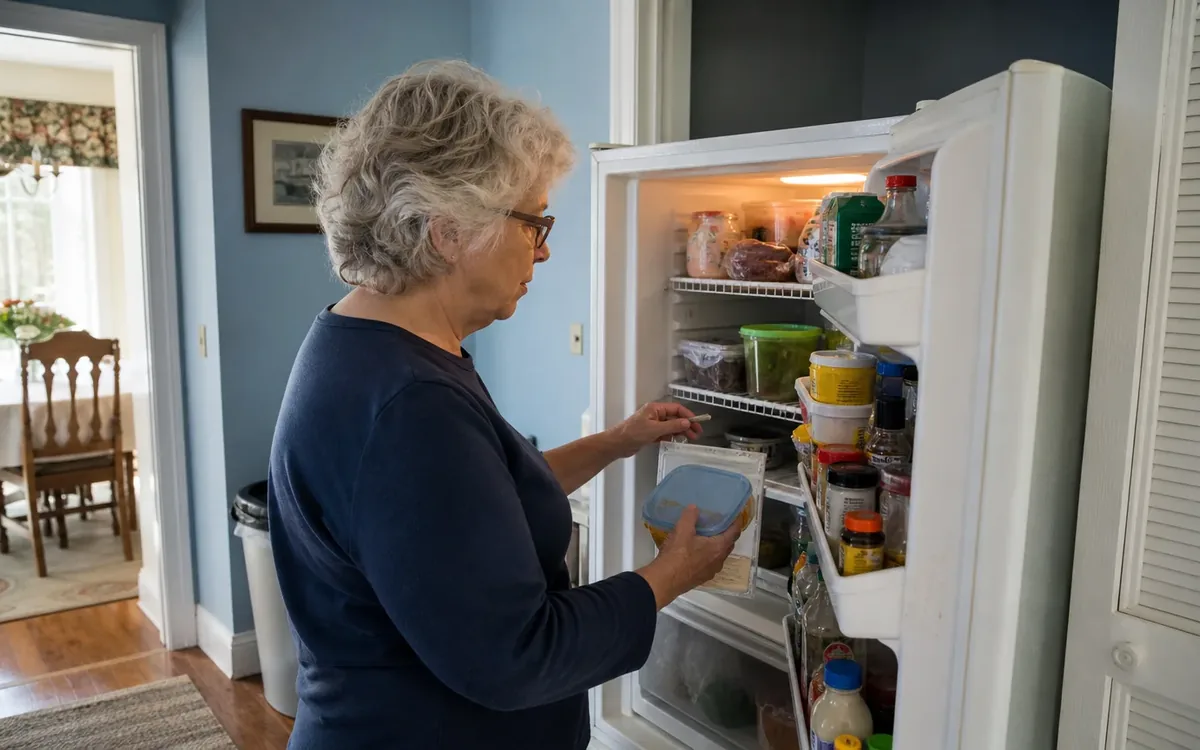 Older woman sorts food containers and jars in an open, fully stocked refrigerator during a household cleanout.