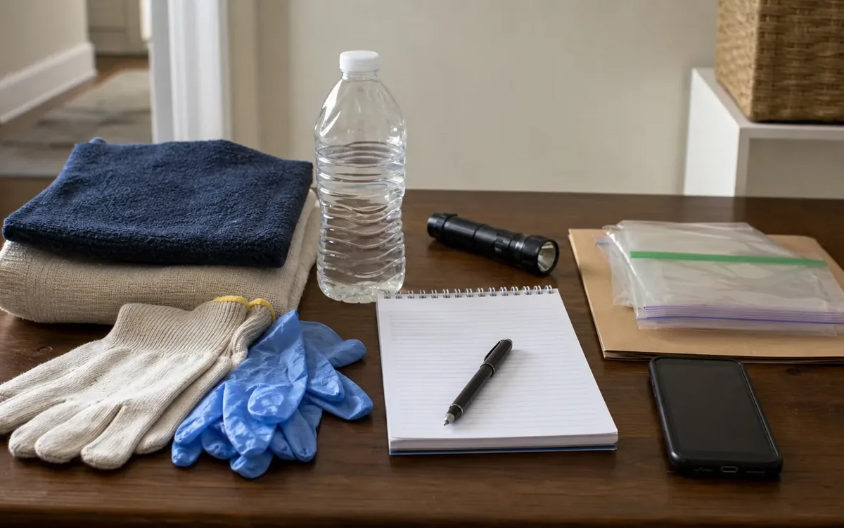 Gloves, towels, water, flashlight, notepad, pen, phone, and storage bags arranged on a table.