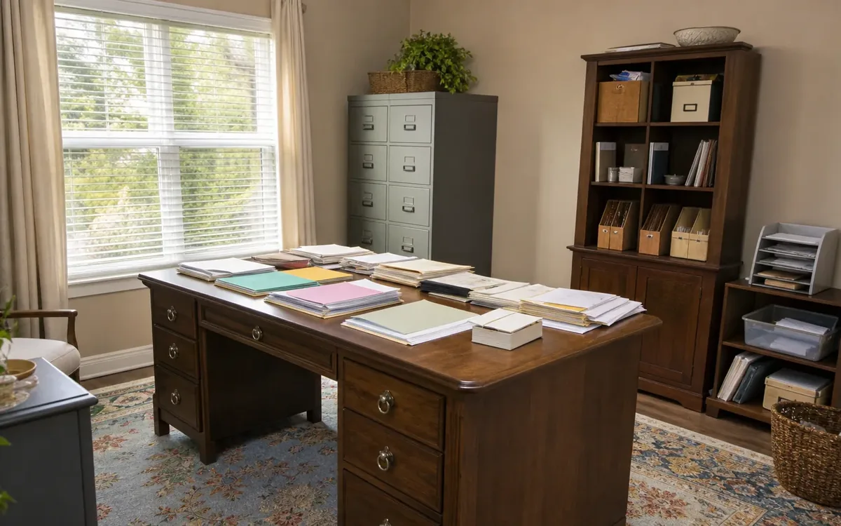 Home office with papers and folders spread across a wooden desk, filing cabinet, shelves, and stacked document trays.
