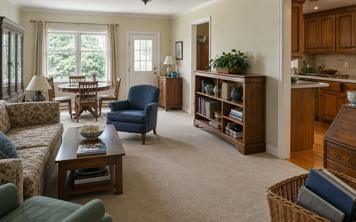 Furnished living room with wooden cabinets, bookcase, desk drawers, and a basket holding folders and documents.