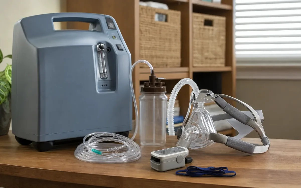 Portable oxygen concentrator, tubing, humidifier bottle, CPAP mask, and pulse oximeter on a table.