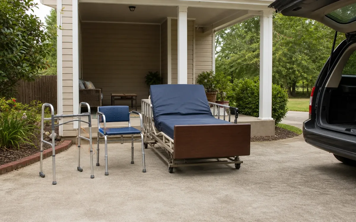 A walker, shower chair, and adjustable medical bed sit on a driveway beside an open SUV.