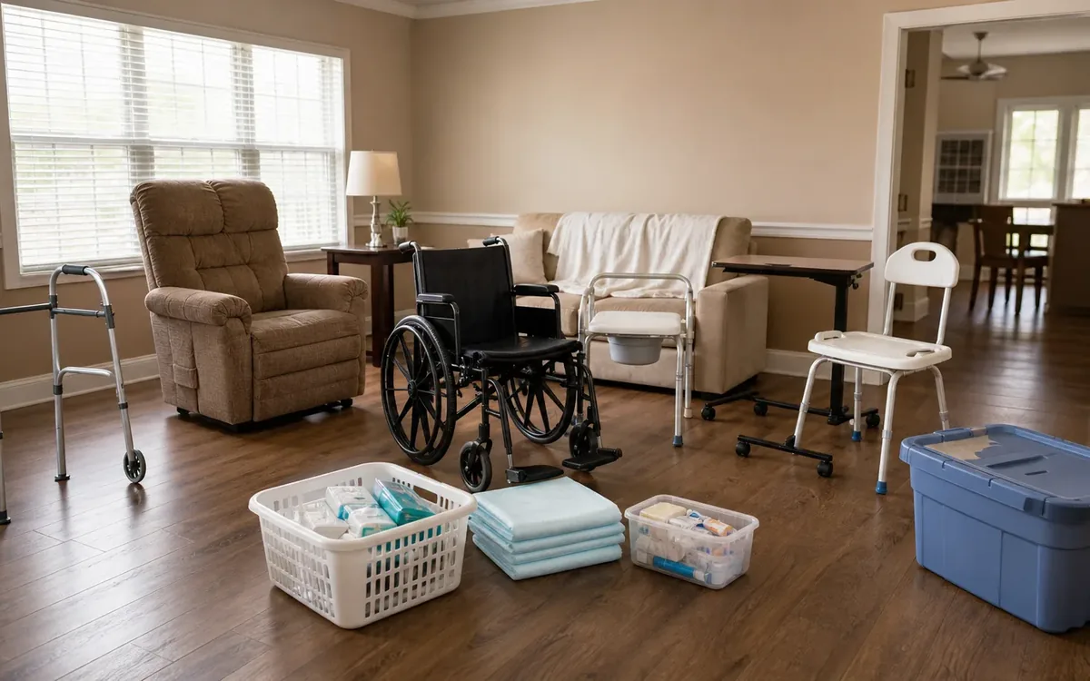 Wheelchair, walkers, shower chair, commode, storage bins, and medical supplies arranged in a living room.