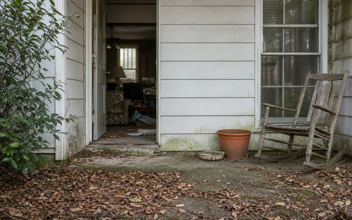 An open doorway reveals a dim, cluttered room beyond a leaf-covered porch with a weathered rocking chair and empty flowerpot.