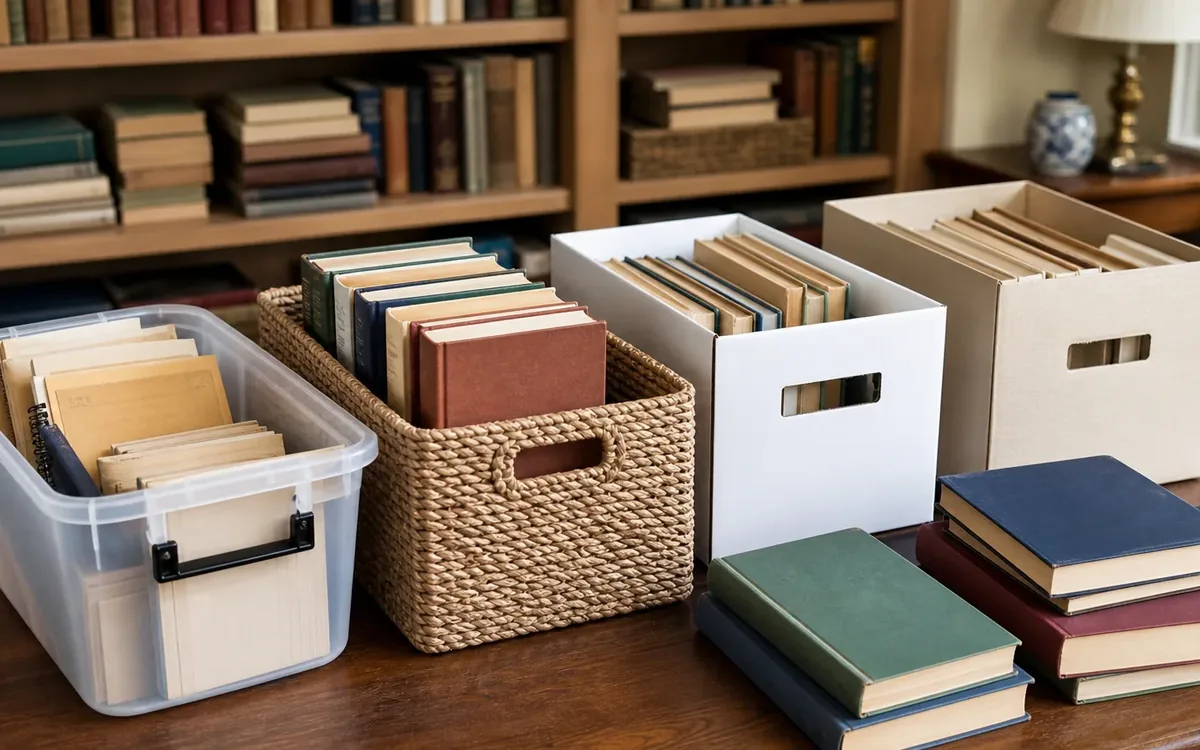 Books sorted upright into a clear plastic bin, woven basket, and two white boxes, with stacks of books on a wooden table.