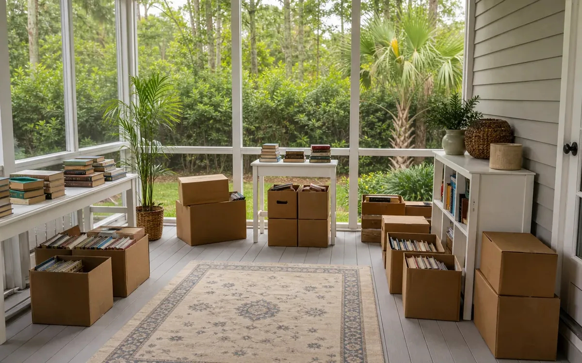 Books stacked on tables and packed upright in open cardboard boxes on a screened porch with shelves and potted plants.