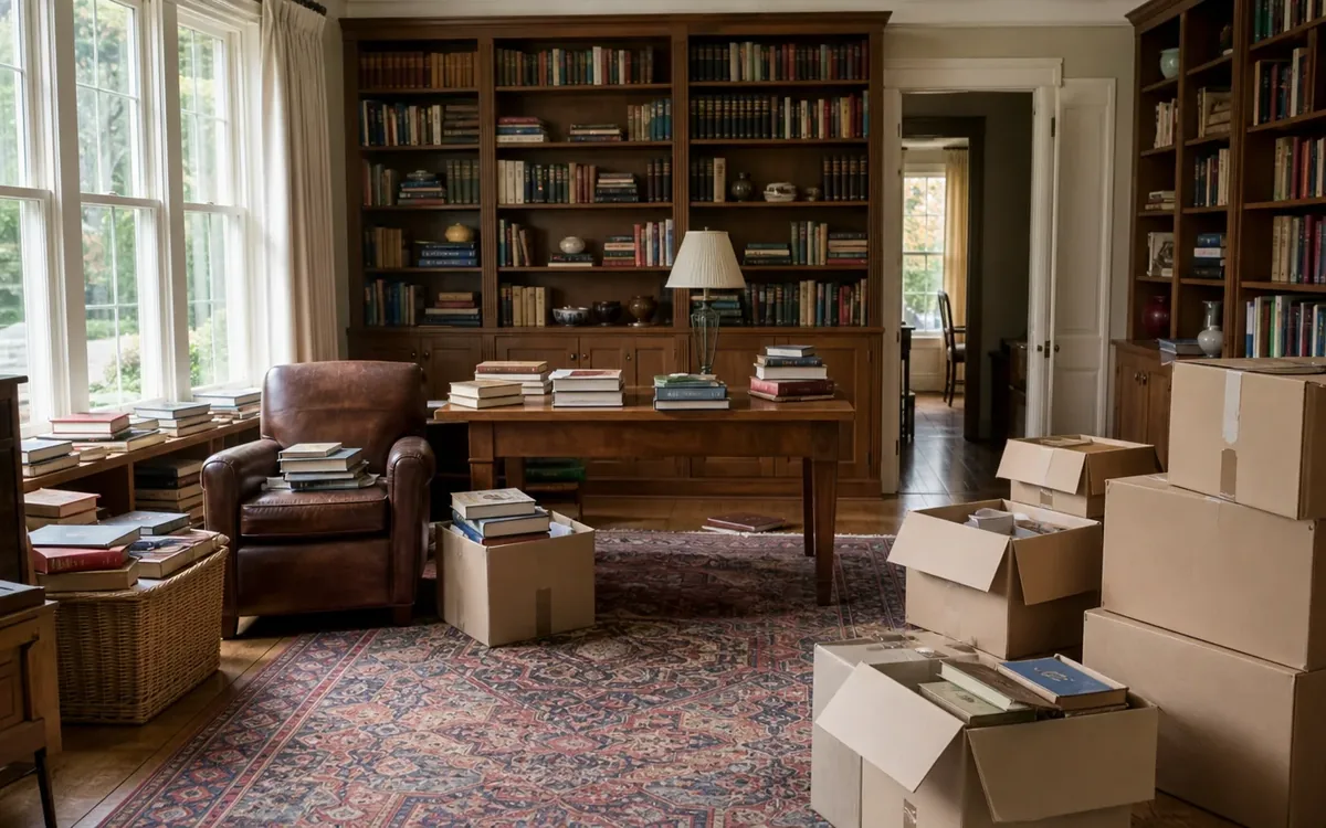 Book-filled wooden shelves surround a desk and leather chair, with stacked books and open cardboard boxes on a patterned rug.