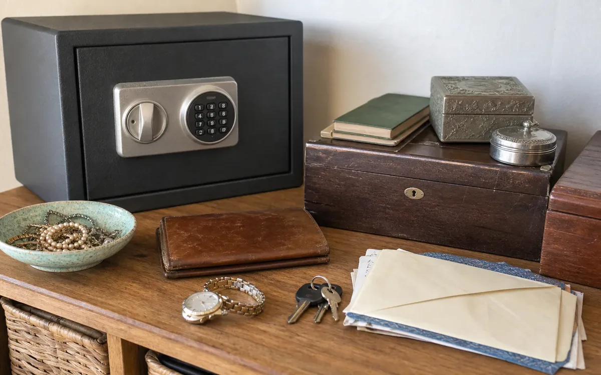 A black keypad safe, wooden locked boxes, keys, a pocket watch, jewelry, and stacked envelopes sit on a wooden cabinet.