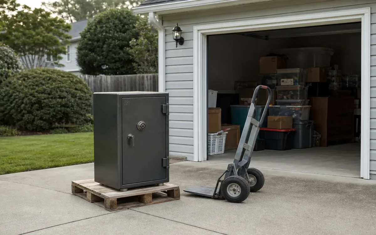 A closed gray safe sits on a wooden pallet beside a hand truck on a driveway outside an open garage filled with boxes.