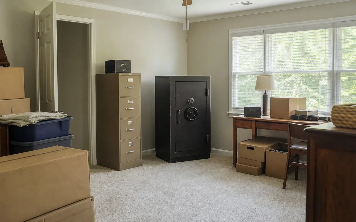 A closed black safe stands beside a beige filing cabinet in a carpeted room with stacked boxes, storage bins, and a desk.
