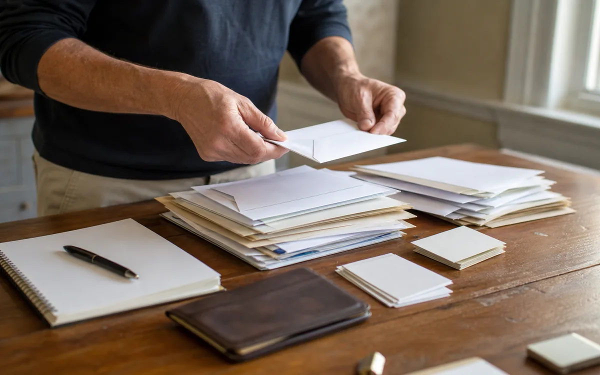 Person sorting stacks of envelopes and papers on a wooden table beside a notebook, pen, wallet, and phone.