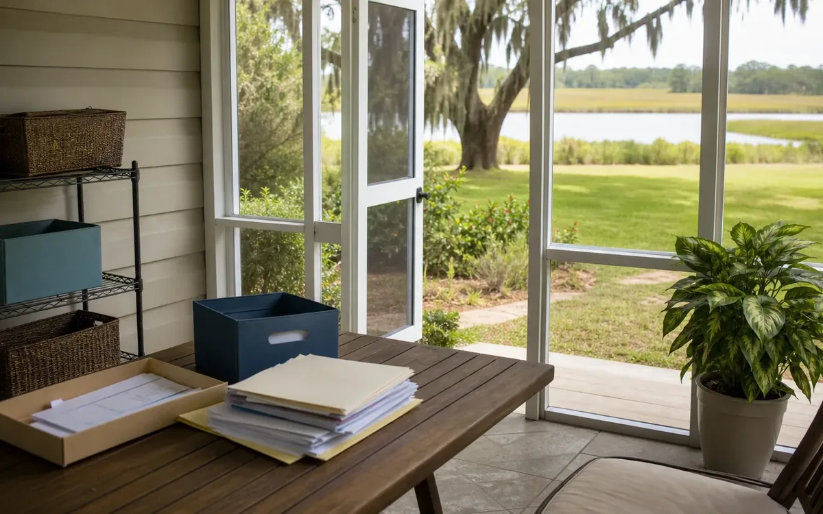 Folders, papers, and open storage boxes organized on a porch table beside a shelving unit.