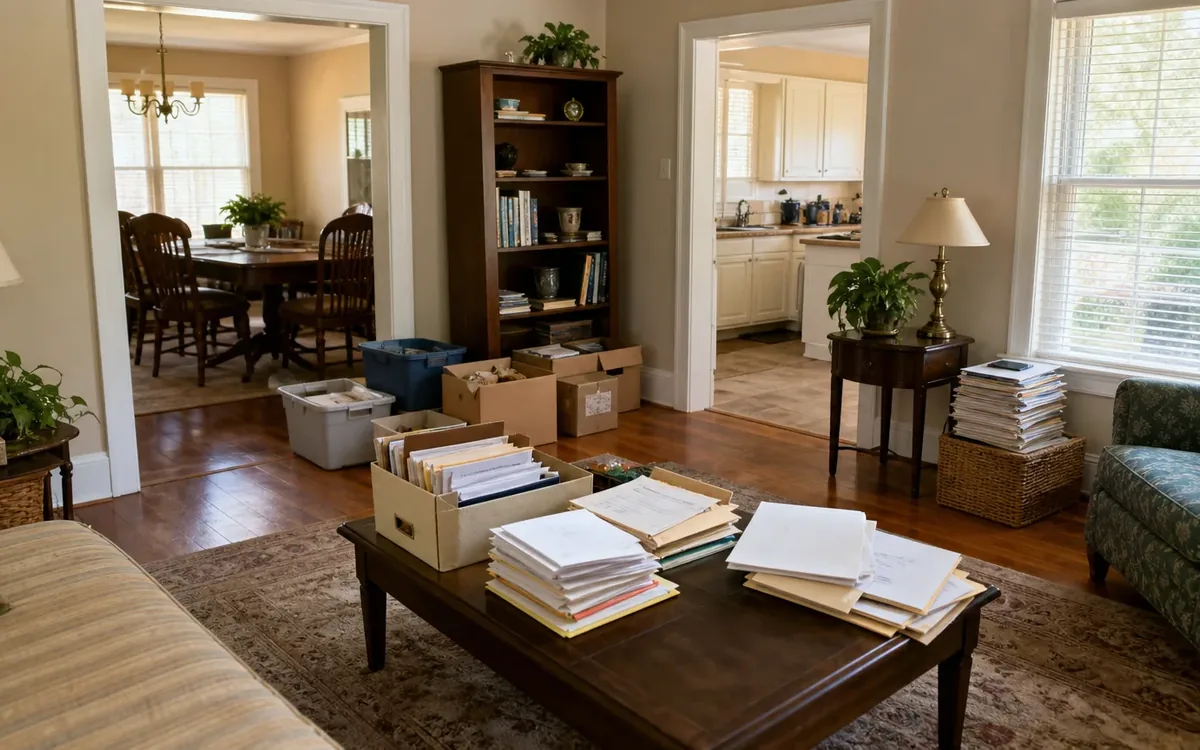 Living room with sorted mail and papers on a coffee table, packed boxes, books, and household furnishings.