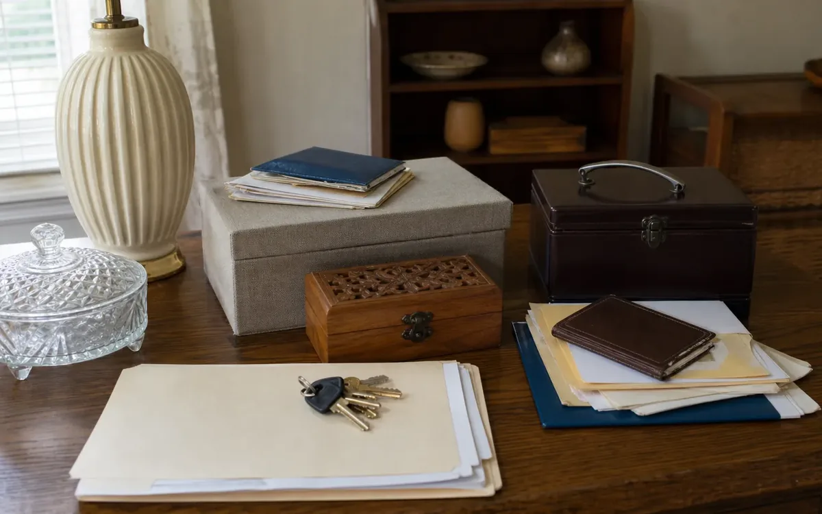 Keys, folders, documents, storage boxes, and a wallet arranged on a wooden table for estate cleanout decisions.