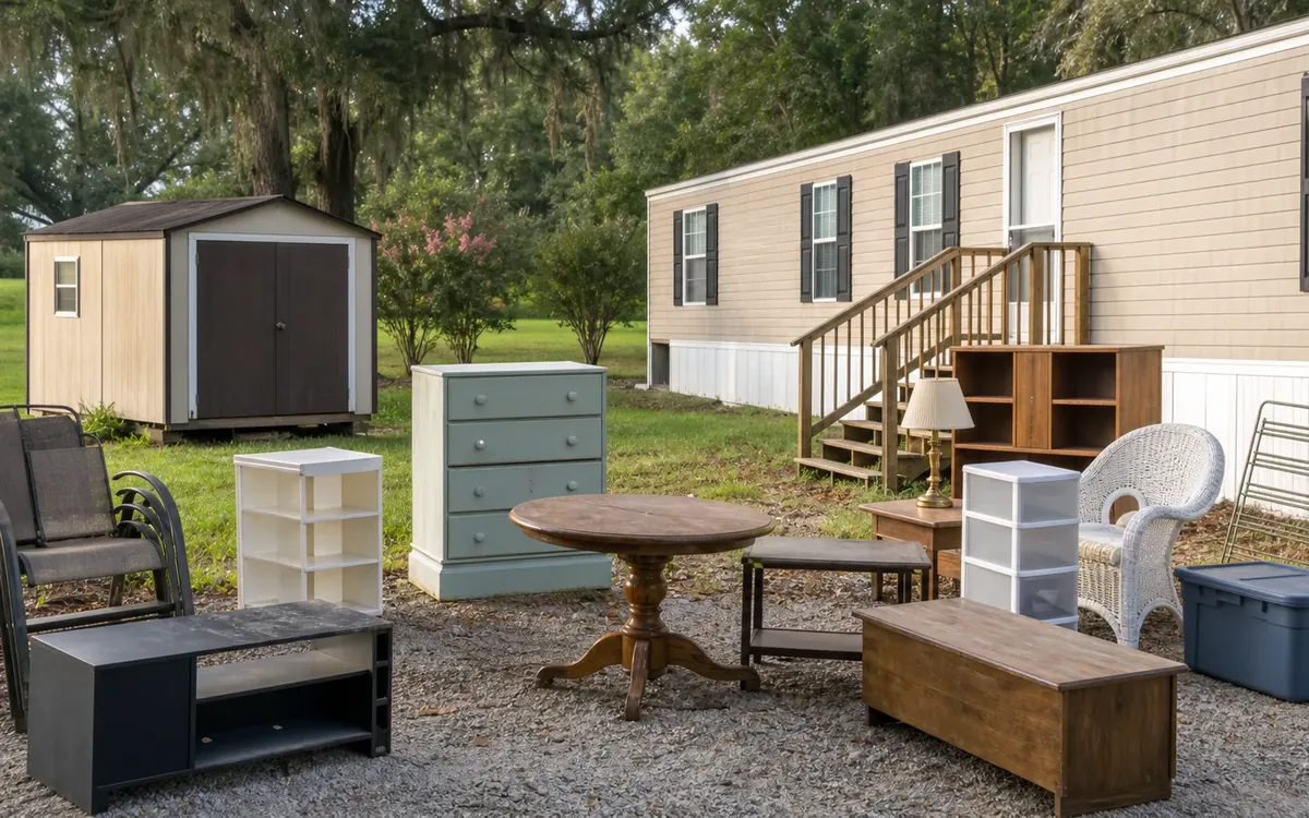 Furniture and storage pieces arranged outside a manufactured home, ready for contents mapping and sorting.