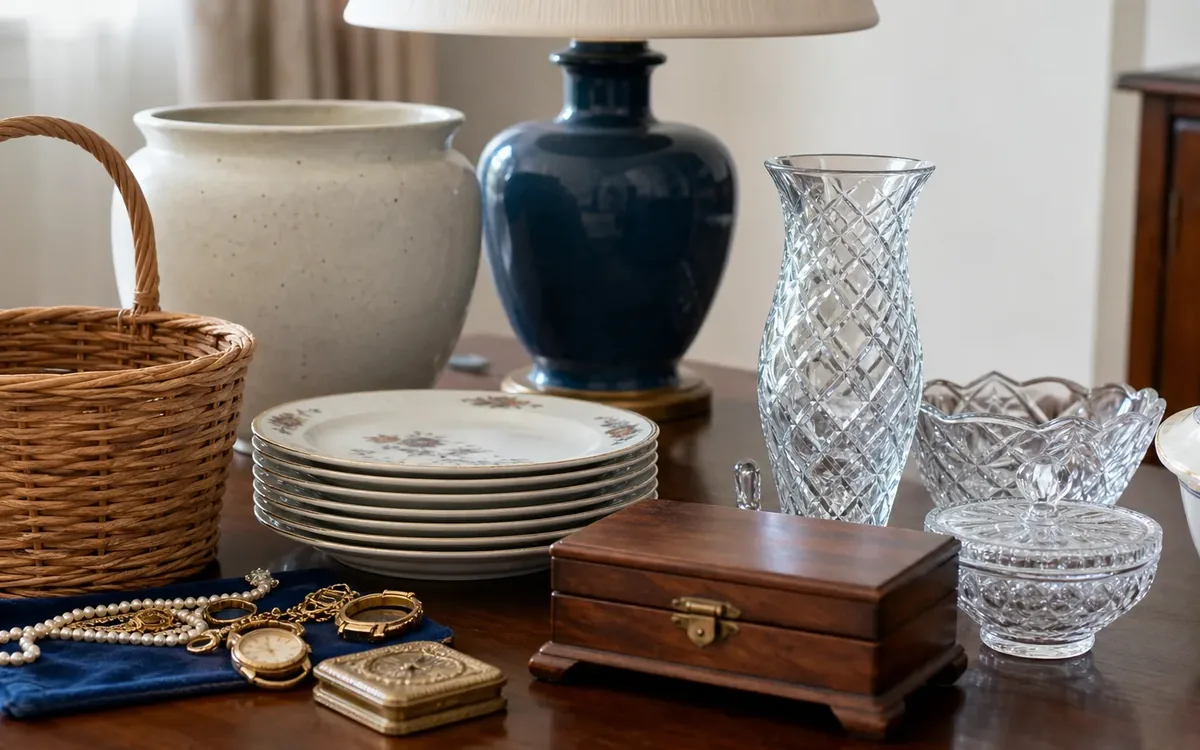 A wooden table holds stacked plates, crystal vessels, a wicker basket, jewelry, and a small wooden box with a brass latch.