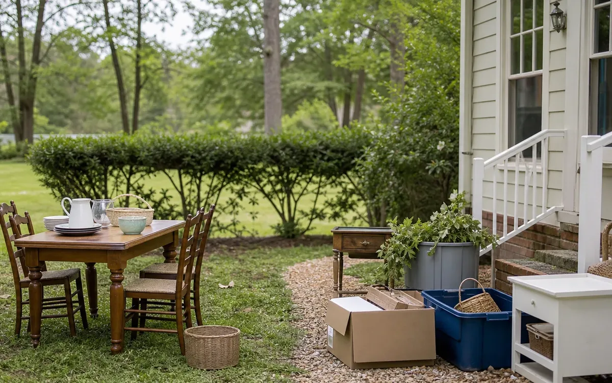 A wooden table with dishes, chairs, cardboard boxes, and a blue storage bin sit beside a porch in a leafy yard.