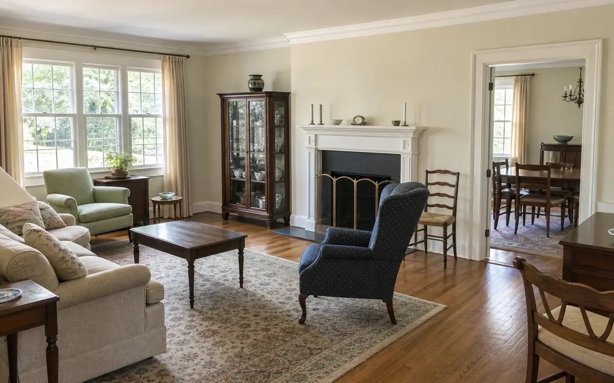 Furnished living room with a sofa, armchairs, coffee table, china cabinet, and fireplace beside an open dining room.