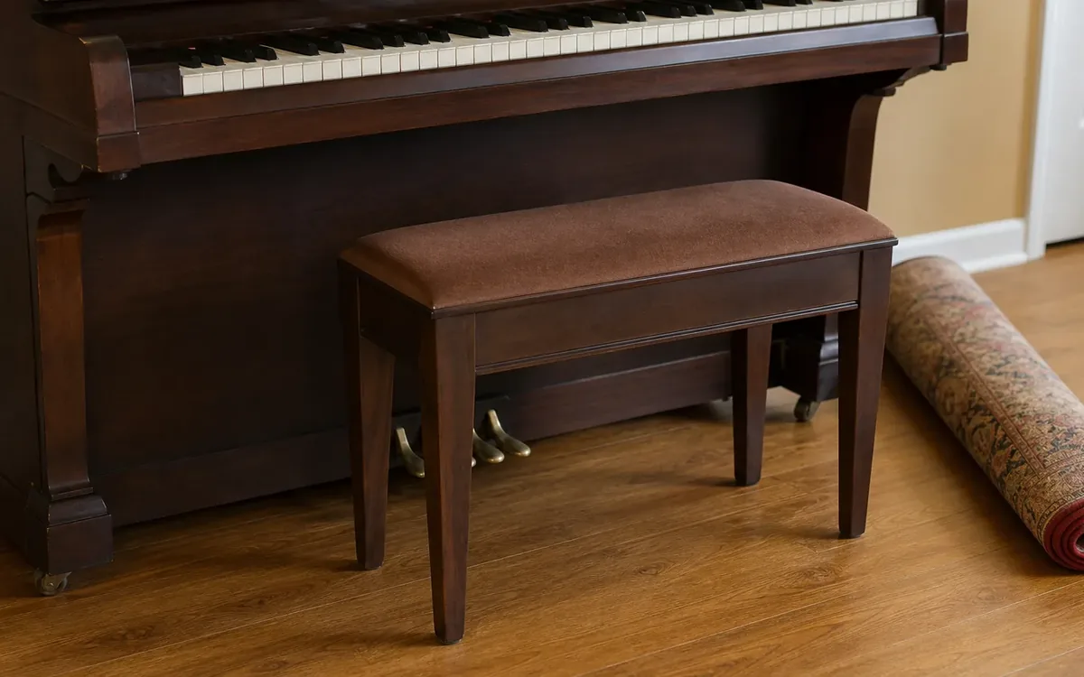 A dark wooden upright piano with exposed keys and brass pedals stands behind a padded bench beside a rolled rug on a wood floor.