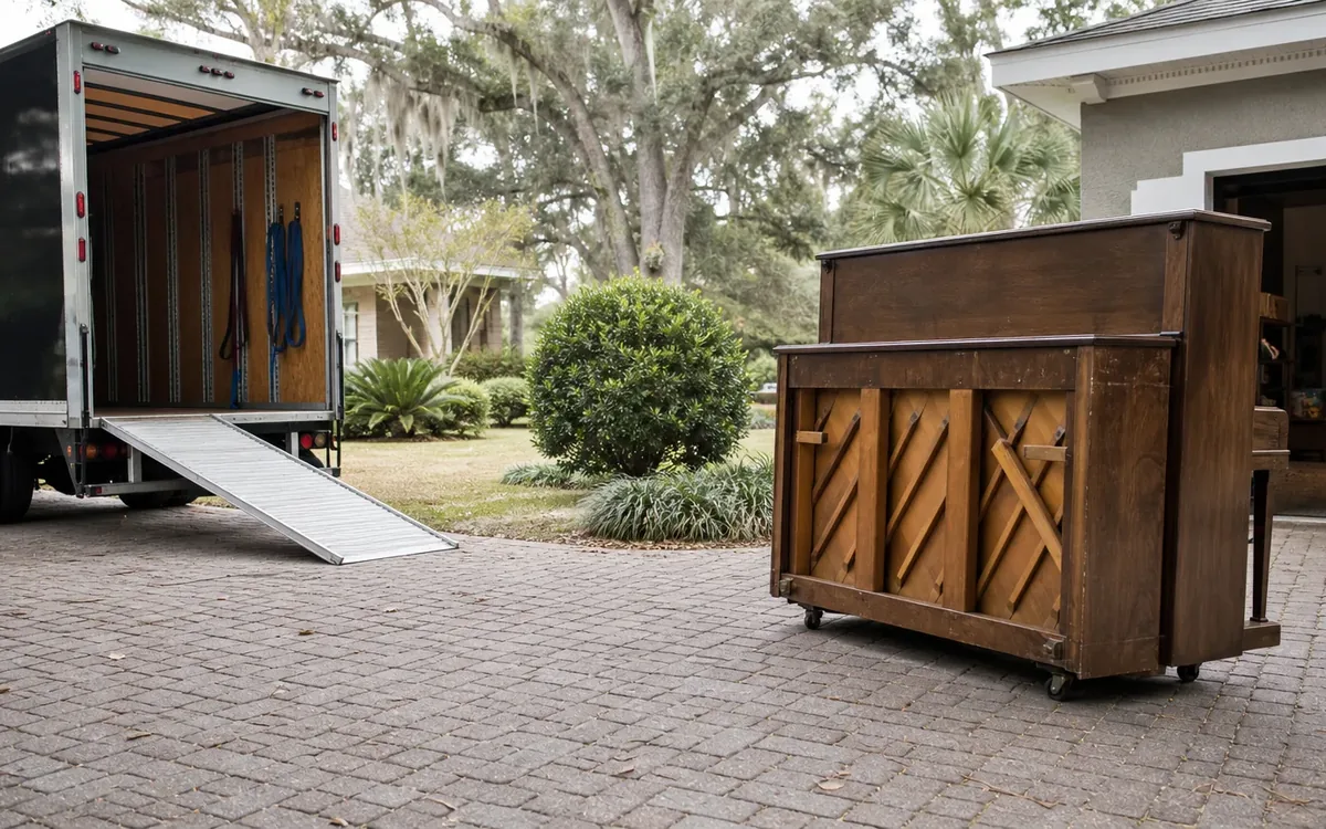 An upright piano with its lower front panel removed sits on a brick driveway beside an open moving truck with a lowered ramp.