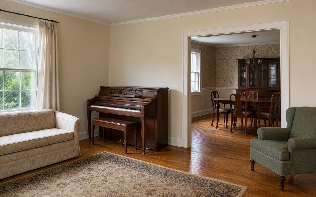 An upright piano and wooden bench stand against a living room wall, with a sofa, green armchair, rug, and adjoining dining room.