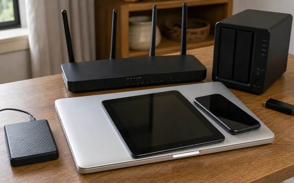 A closed laptop, tablet, smartphone, router, storage enclosure, external drive, and USB stick grouped on a wooden table.