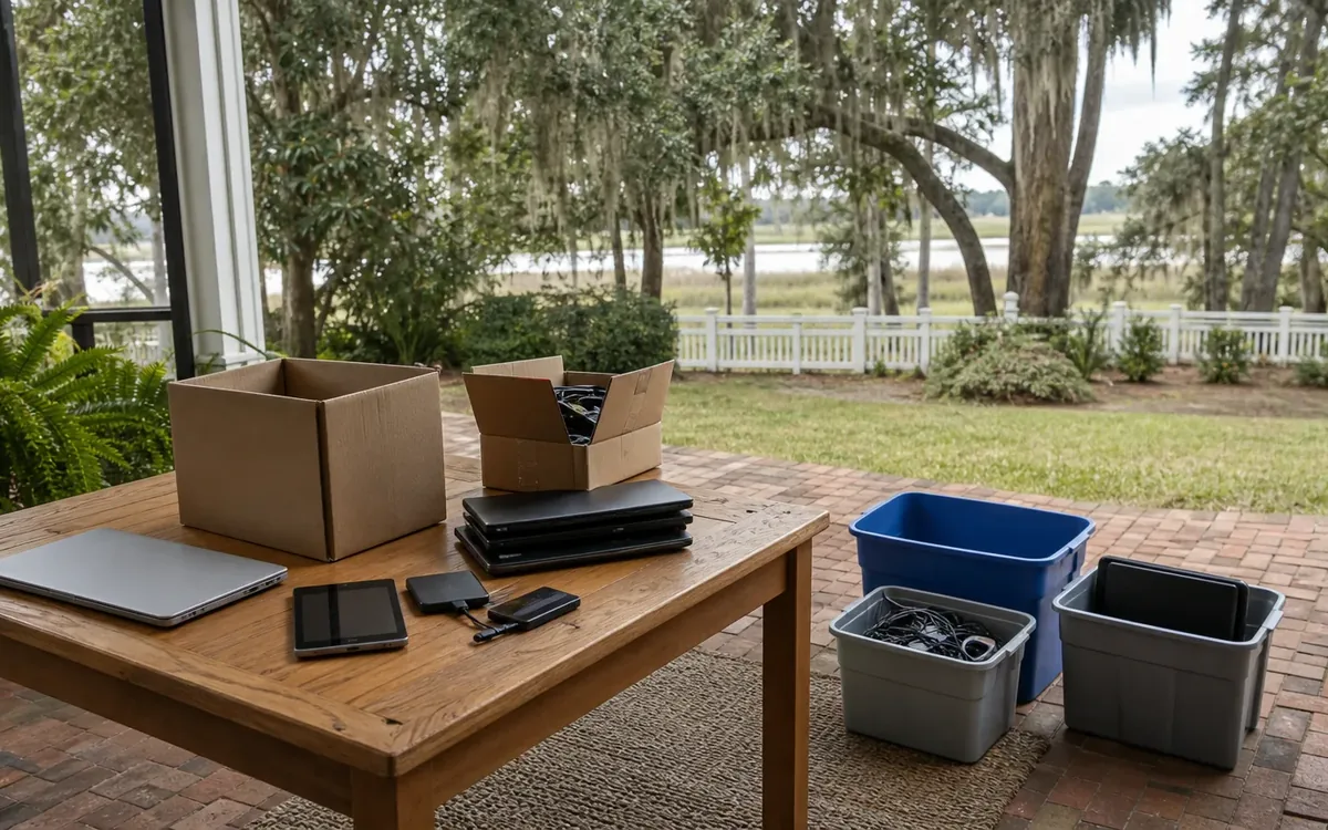 A wooden porch table holds laptops, small electronic devices, cables and cardboard boxes beside three sorting bins.