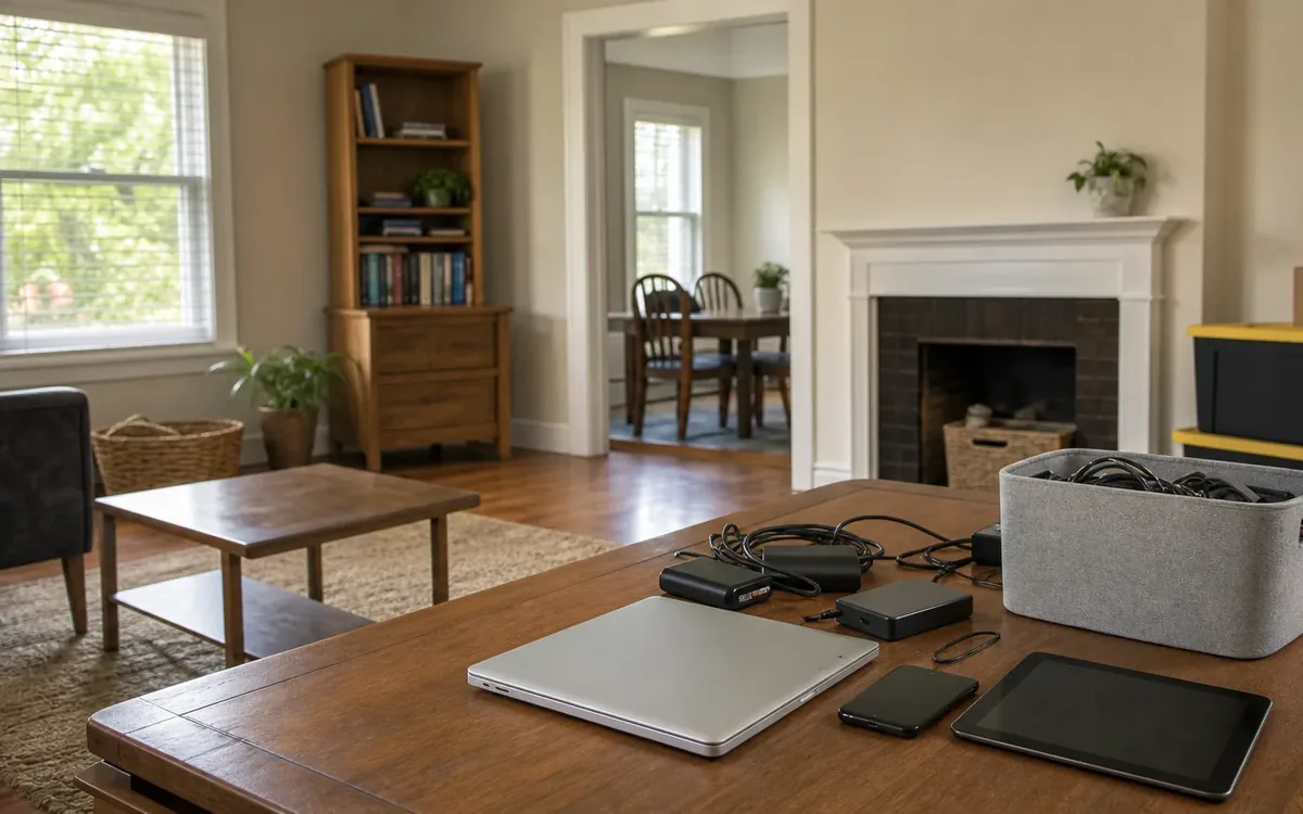 A closed laptop, tablet, phone, power adapters, and a gray bin of cables sit on a wooden table in a living room.