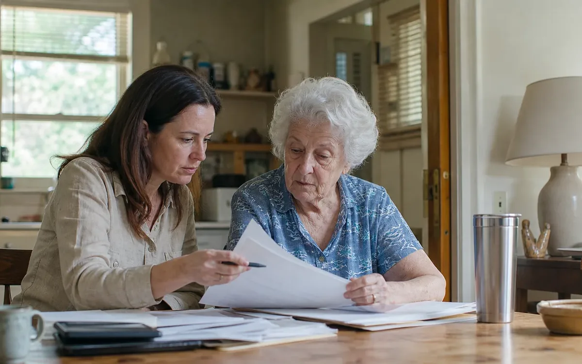 Two women review paperwork together at a dining table in a lived-in home, discussing estate cleanout decisions.