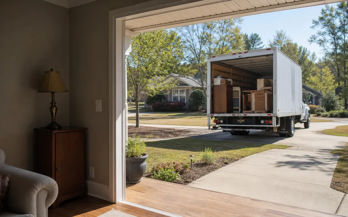 Open moving truck loaded with furniture and parked near a home's wide doorway for an estate cleanout.
