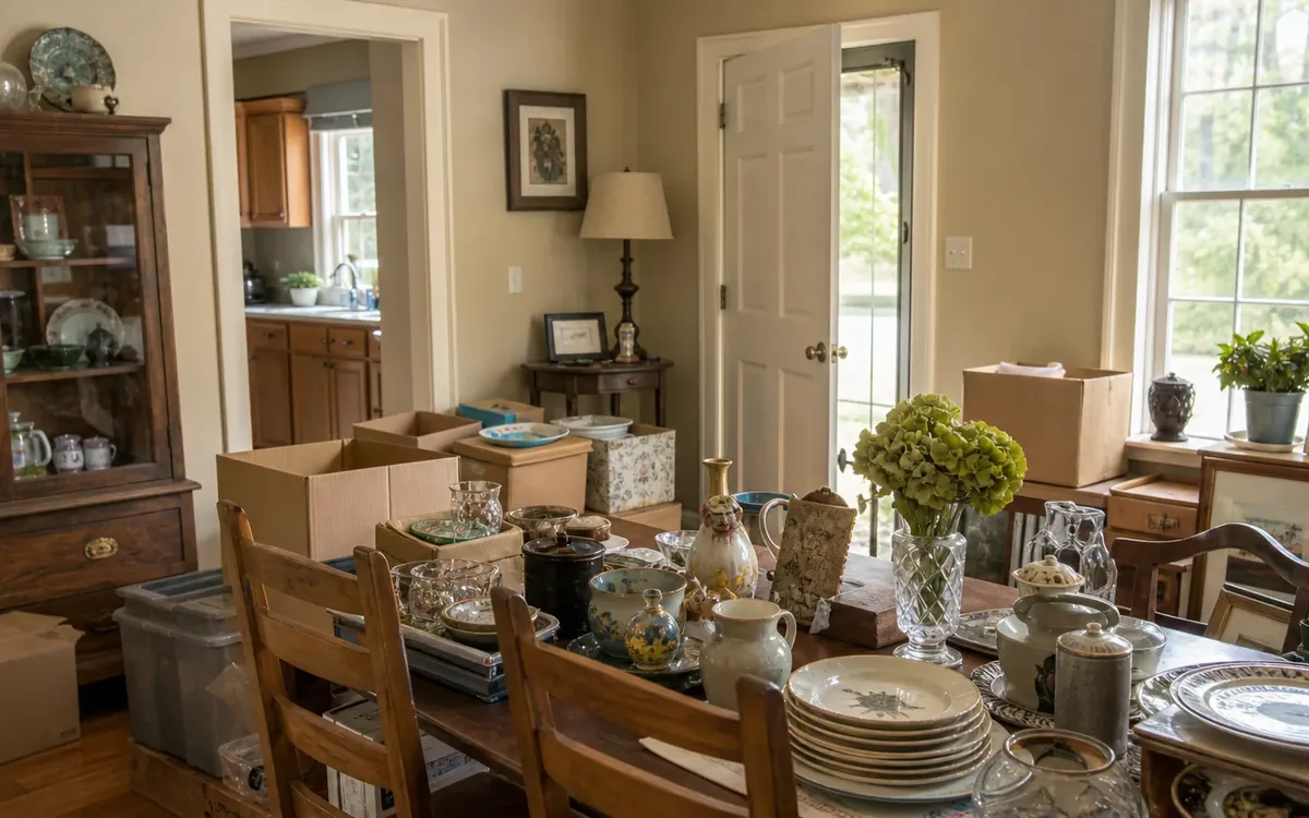 Dining room filled with packed boxes, stacked dishes, glassware, and household items during an estate cleanout.