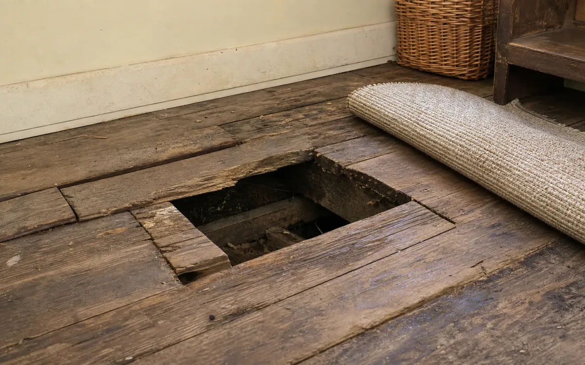 Broken wooden floorboards leave a large open hole beside a rolled-back rug, a wicker basket, and wooden furniture.