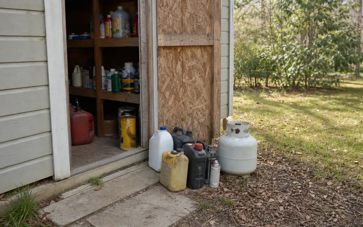 Assorted jugs, cans, and a propane cylinder sit beside an open shed with more containers on shelves, suggesting cleanout hazards.