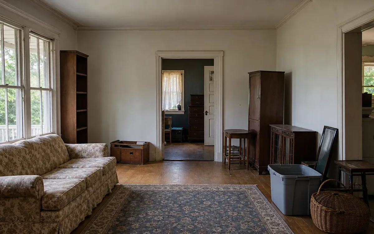 A worn sofa, rug, tall wooden cabinets, stacked furniture, plastic bin and wicker basket occupy a sparsely furnished room.