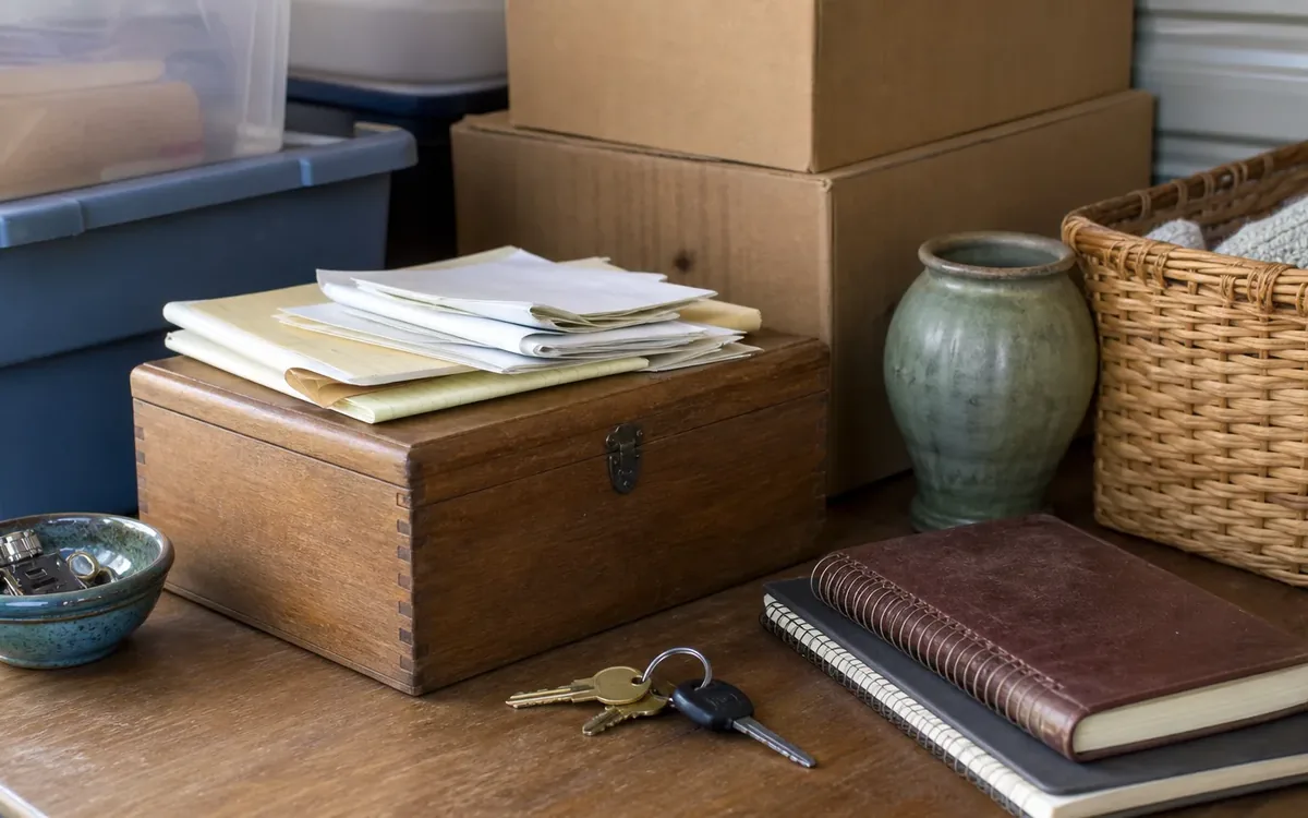 Keys rest beside a wooden lockbox, papers, journals, baskets, pottery, and stacked boxes in a storage unit.
