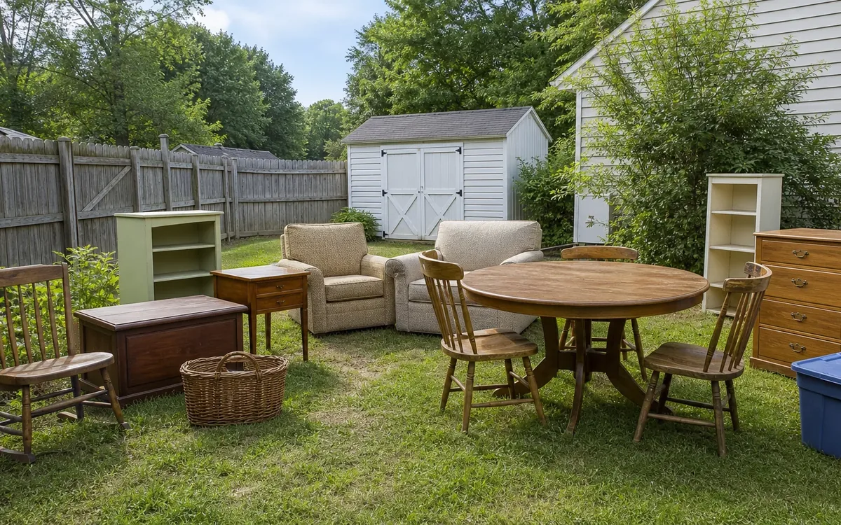 Assorted chairs, tables, shelves, dressers, a basket, sofa and storage bin arranged in a fenced yard.