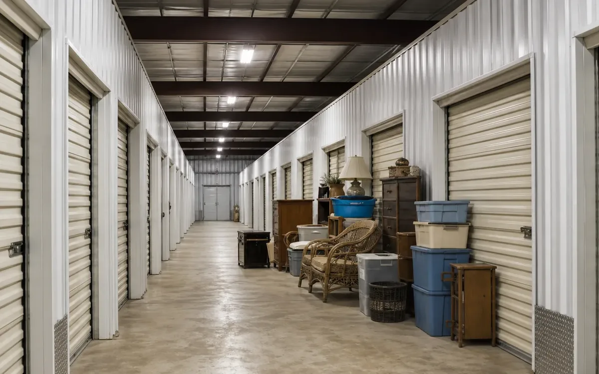 Storage facility hallway with furniture, bins, baskets, and containers gathered outside a unit.