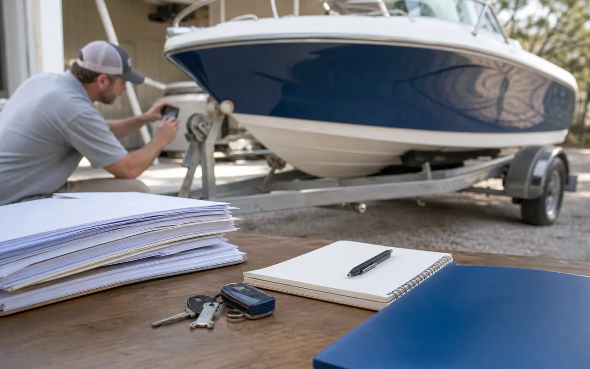Man uses a phone to document a blue and white boat on a trailer beside estate paperwork, keys, and a notebook.
