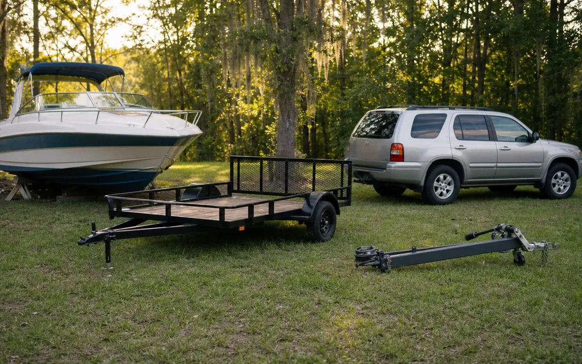 A motorboat, silver SUV, utility trailer, and detached trailer part arranged on grass beside woods.