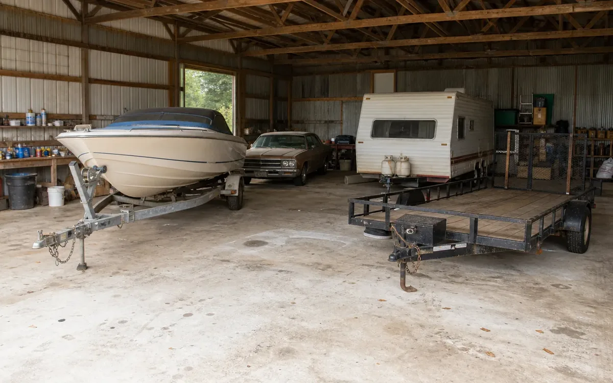 A boat, car, camper, and utility trailer stored together inside a large metal estate outbuilding.