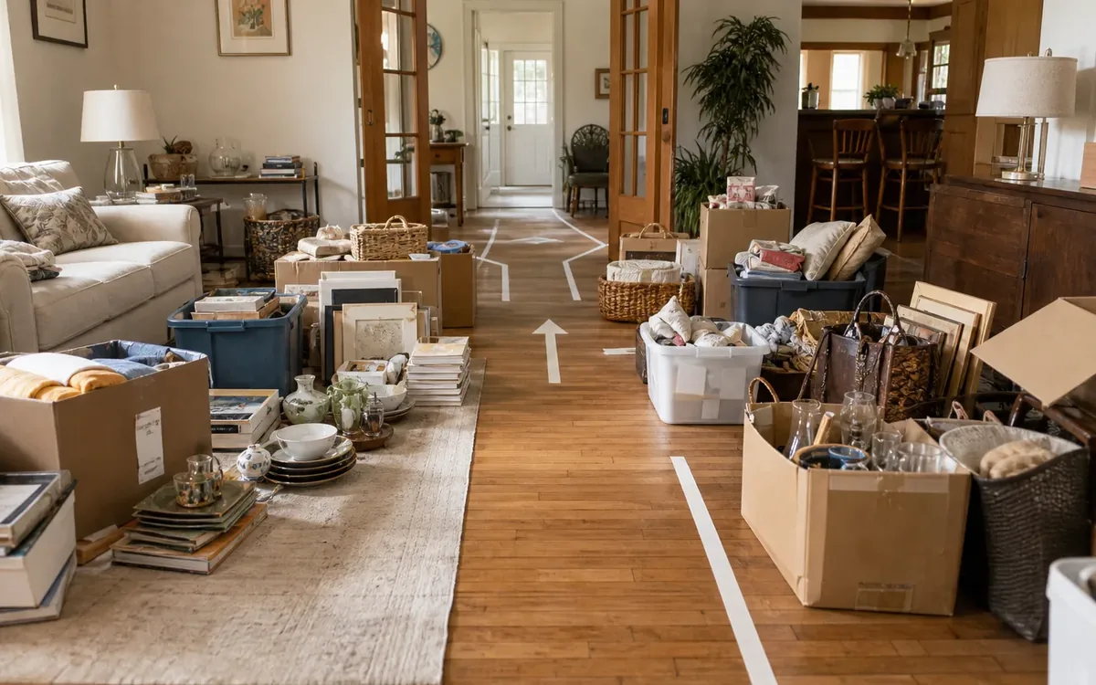 Labeled household belongings and a clear room path for physical scope: item pickup versus whole-property flow