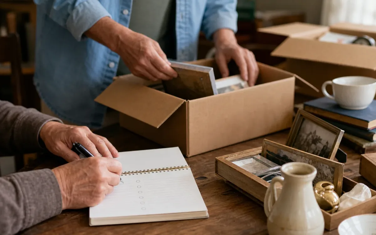 Hands organizing household items while planning is an estate sale the same as liquidating an estate?