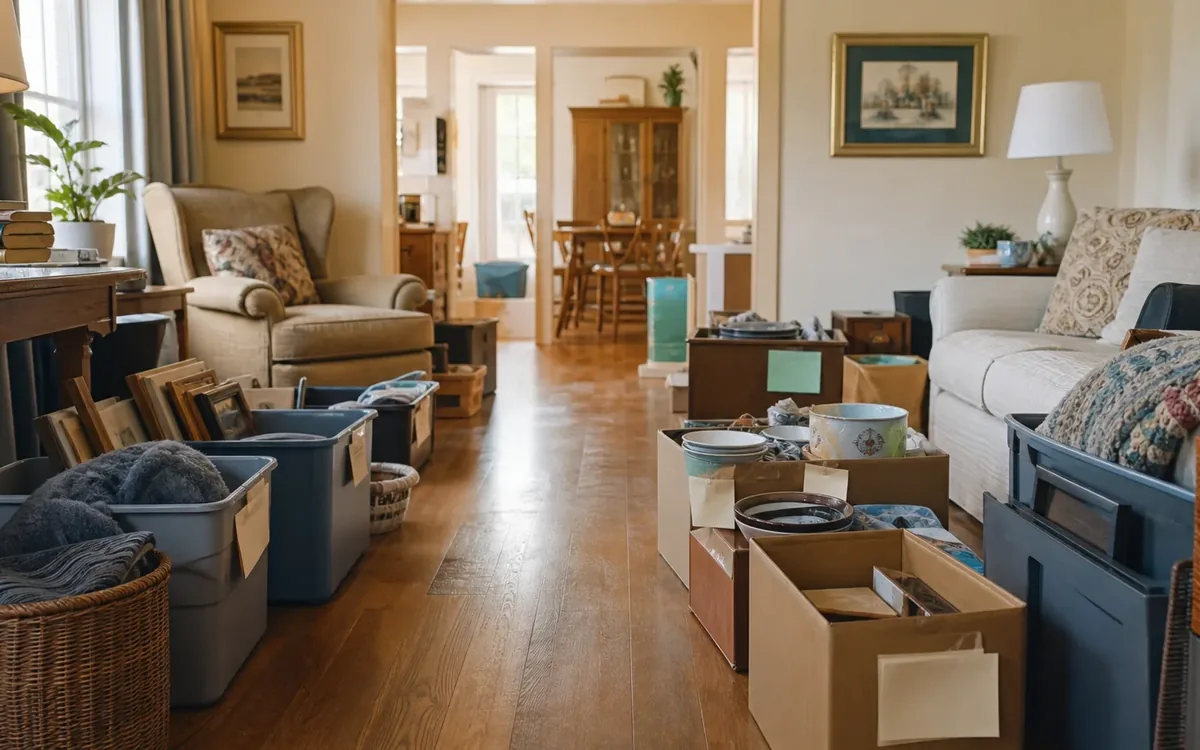 Labeled household belongings and a clear room path for estate sale, auction, direct sale, or donation?