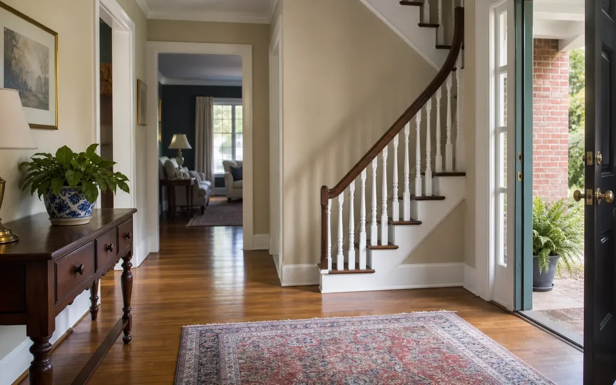 Open front door leading into a wide foyer with a staircase, hallway, console table, and clear walking paths.