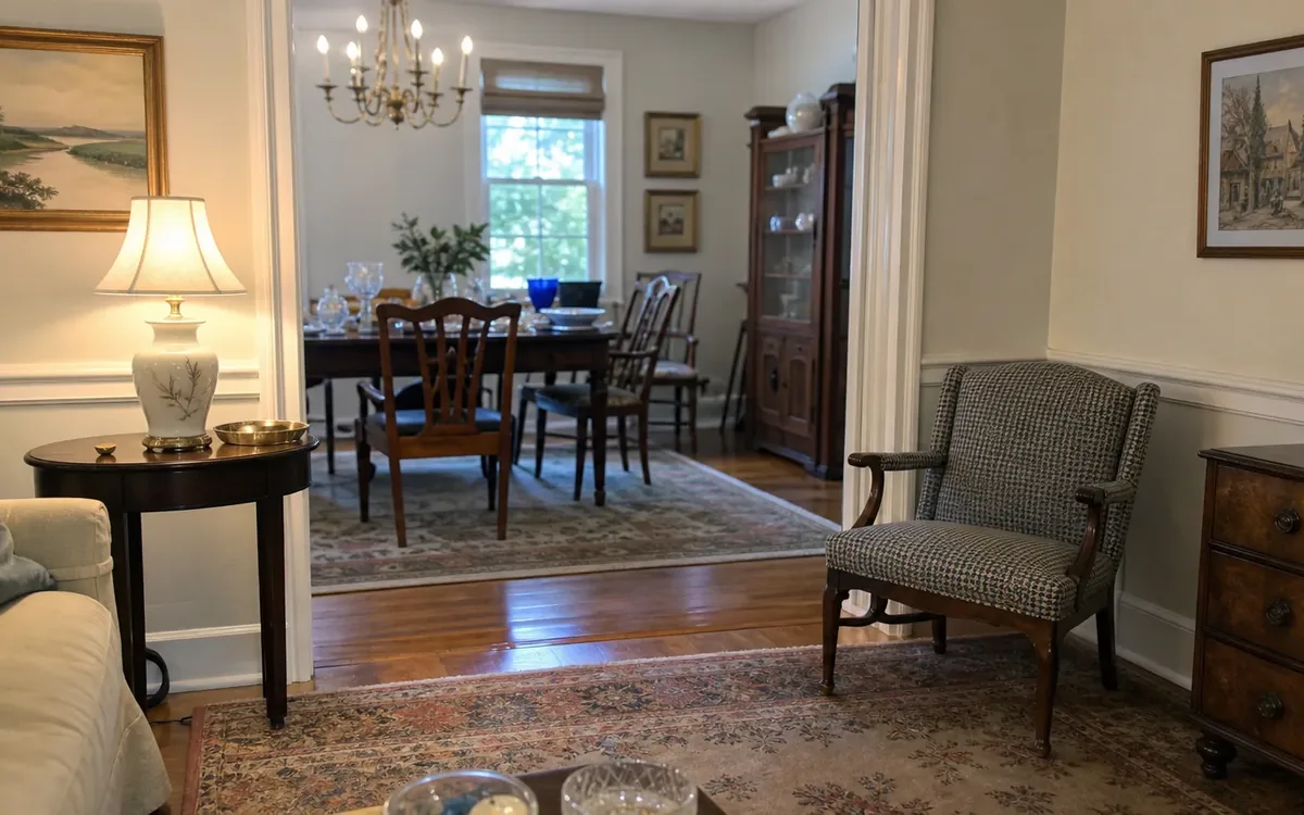 Furnished living and dining rooms connected by a wide doorway, with clear walking paths around tables and chairs.