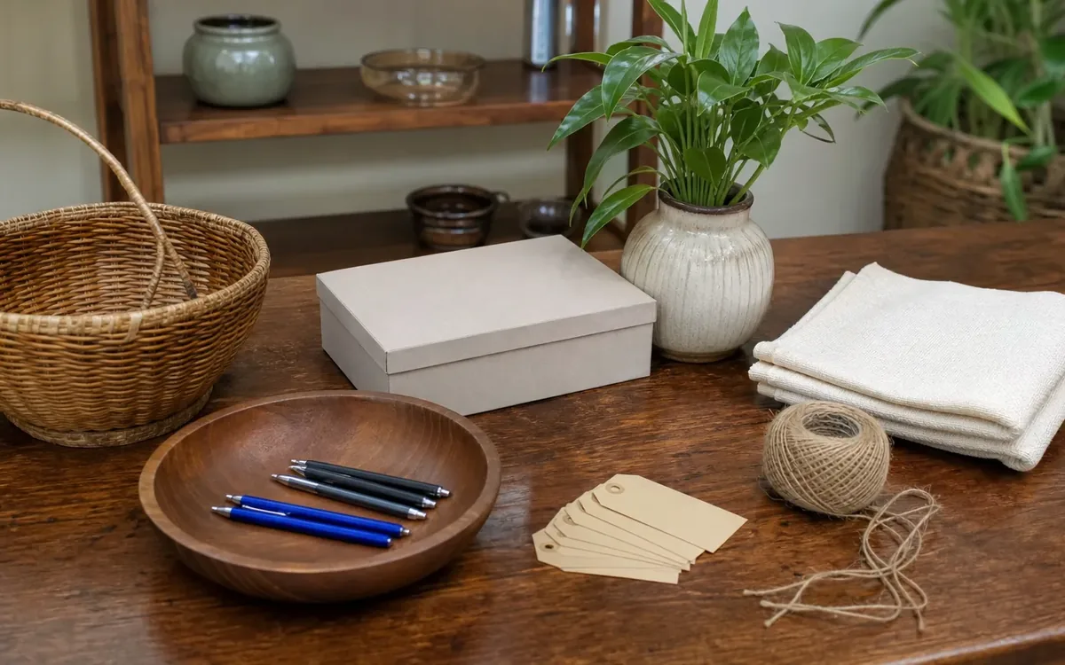Wooden checkout table with blank tags, pens, twine, a box, folded linens, basket, and potted plant.