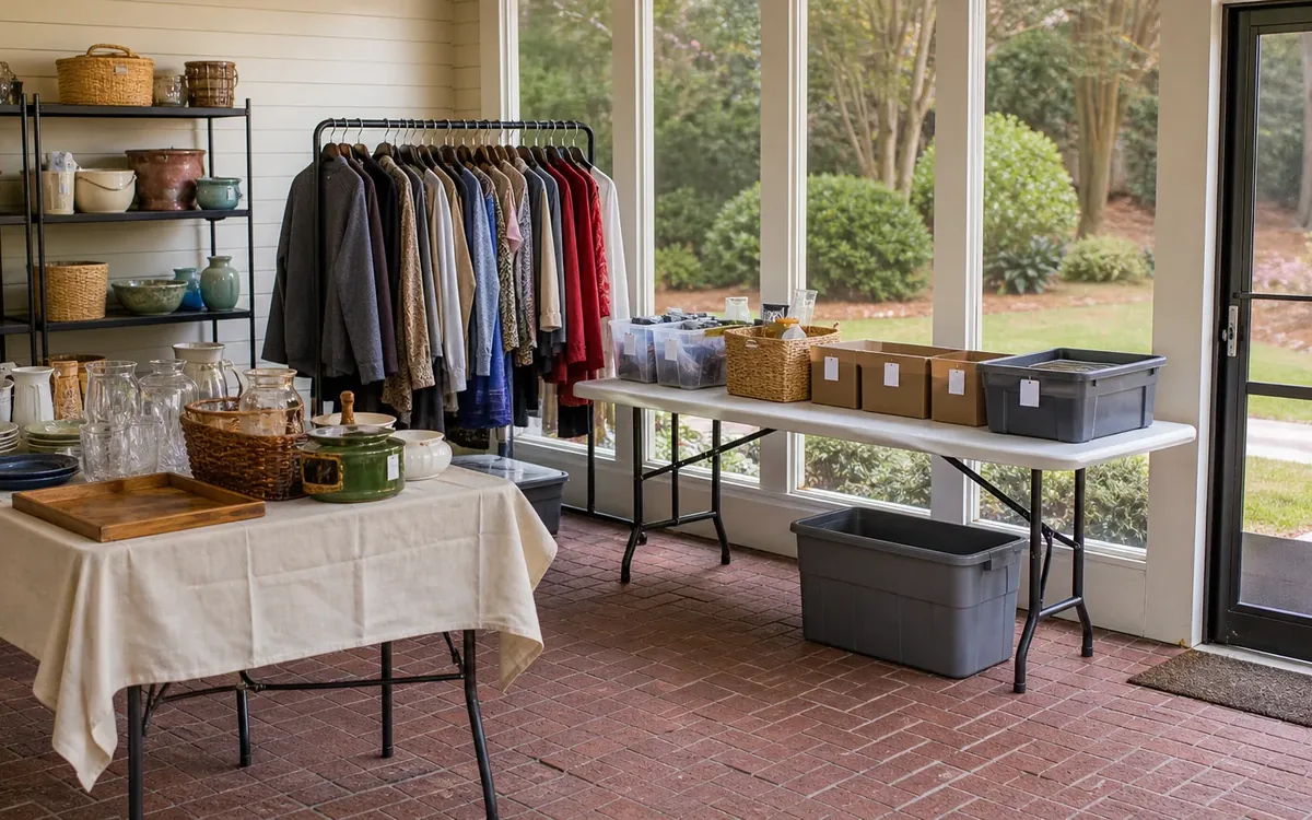 Estate sale room with tables of housewares, labeled bins, storage totes, and a clothing rack near the entry.