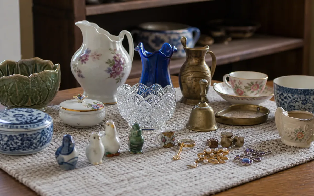 Small ceramic vessels, bird figurines, a cut-glass bowl, a brass bell and jewelry arranged together on a lace-covered table.